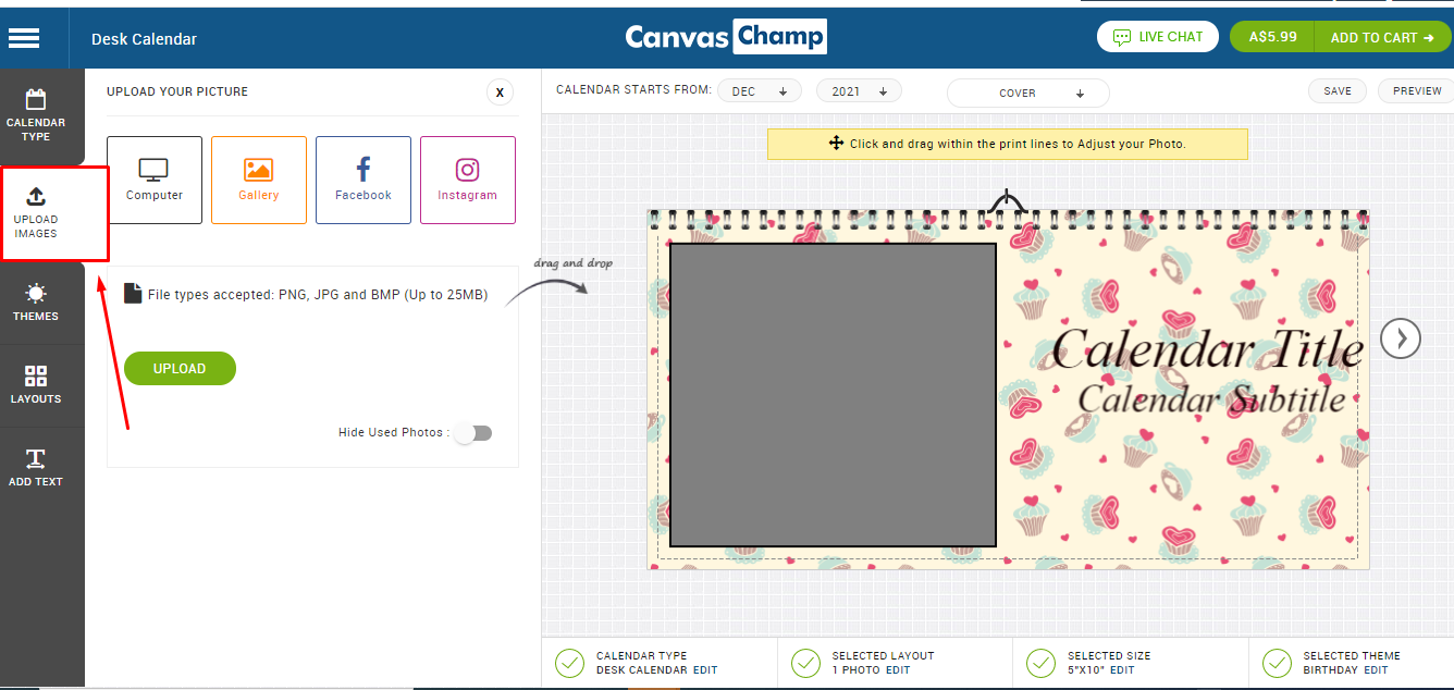 Upload photo to personal photo calendar