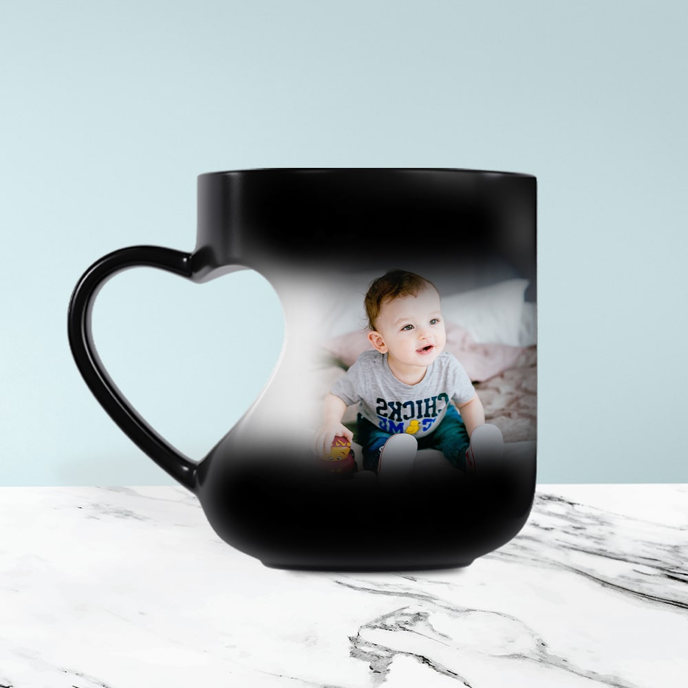 Personalised Cut Handle Heart Photo Mugs